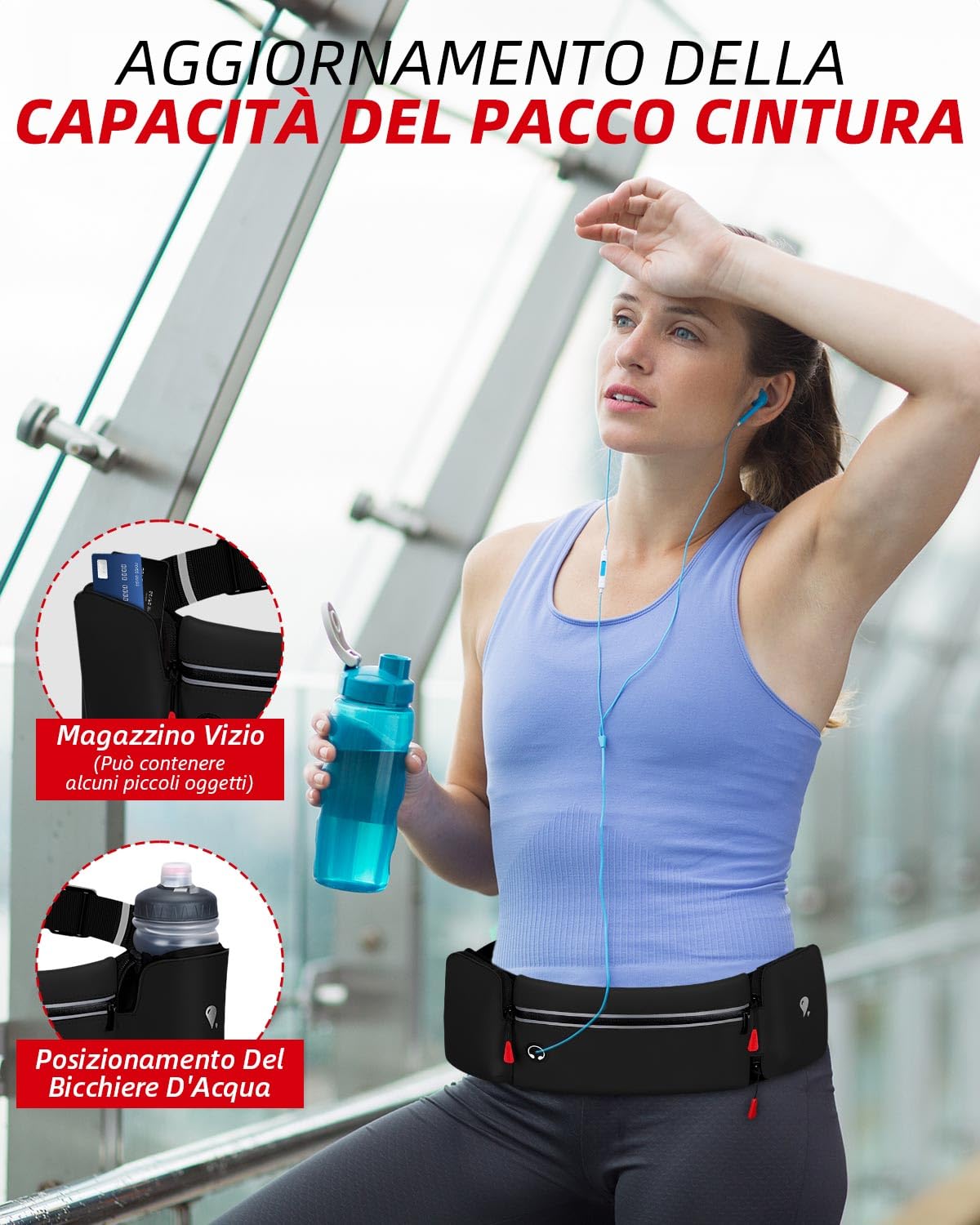 Marsupio Running,Marsupio Sportivo con Portabottiglie,Marsupio Corsa Impermeabile Regolabile,Marsupio Porta Cellulare con Strisce Riflettenti foro per Cuffie,Adatto per l'allenamento all'aperto,Nero