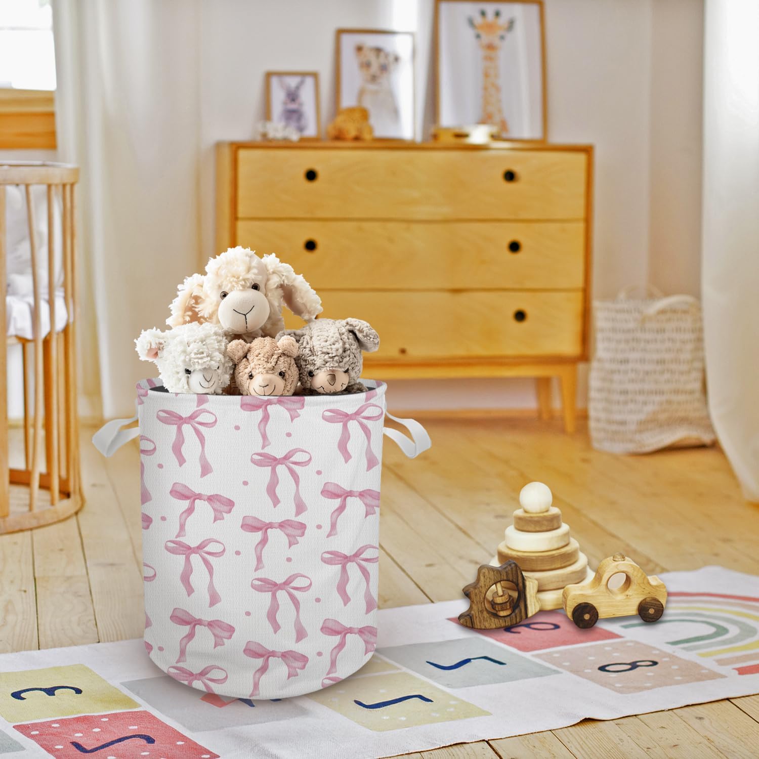 Pink Bow Girl Laundry Basket Hamper, Toybox for Girls, Coquette Preppy Bow Waterproof Collapsible Storage Bin Organizer for Bedroom Bathroom Girls Room Dorm Clothes Toys Books