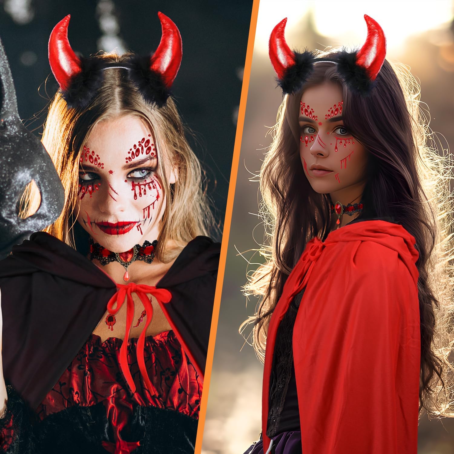 MOVINPE Halloween Hooded Cloak Reversible Devil Costume Accessories for Women Devil Horns Trident Gothic Choker Long Gloves Horror Face Gems Wound Tattoo Cosplay Carnival Party