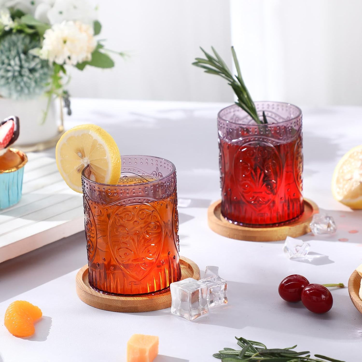 Qinyoung 12 Plastic Vintage Drinking Glasses 8.5oz Stemless Retro Embossed Wine Glasses Shatterproof Reusable Cups for Baby Shower Wedding Reception Grand Event Party (Purple) - Image 5