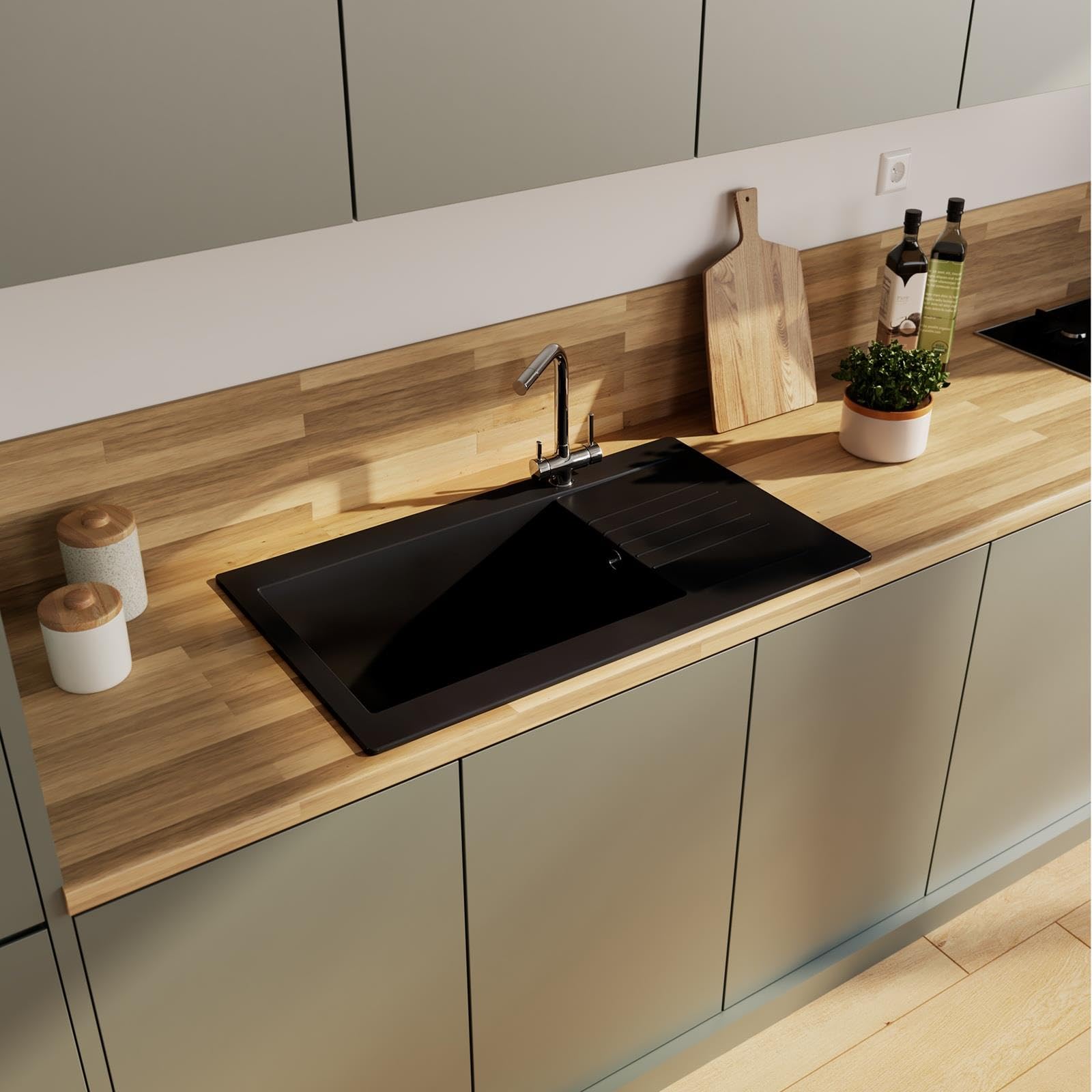 LD1BL – Fregadero de cocina 1 seno XL con escurridor reversible – Composite negro – Empotrable – 86 x 50 x 20 cm