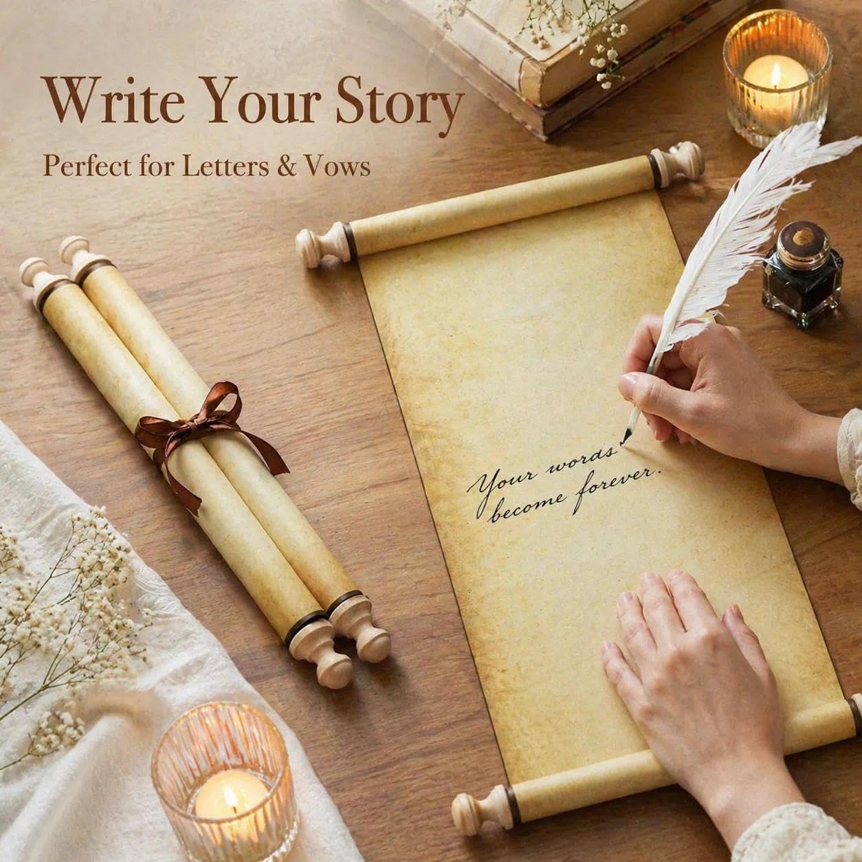 3 PCS Blank Scrolls Paper with Wood Rods 9.5 x 31.5 inches for Naughty or Nice List, Writing, Wedding Vows, Invitation, Love Letter, Cosplay Prop, Renaissance (style1)