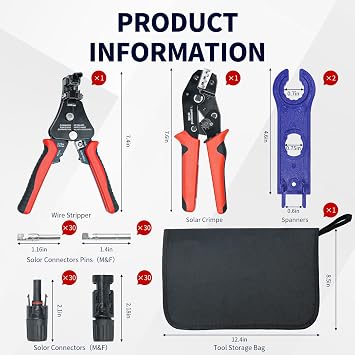 60PCS Solar Connector Crimping Tool Kit for Connecting Solar Panel Cable Wire, with 30 Pairs MC4 Connectors ,AWG13-10 Crimper and Stripper,2pcs Spanner Wrench,Solar Panel Connectors in the bag.