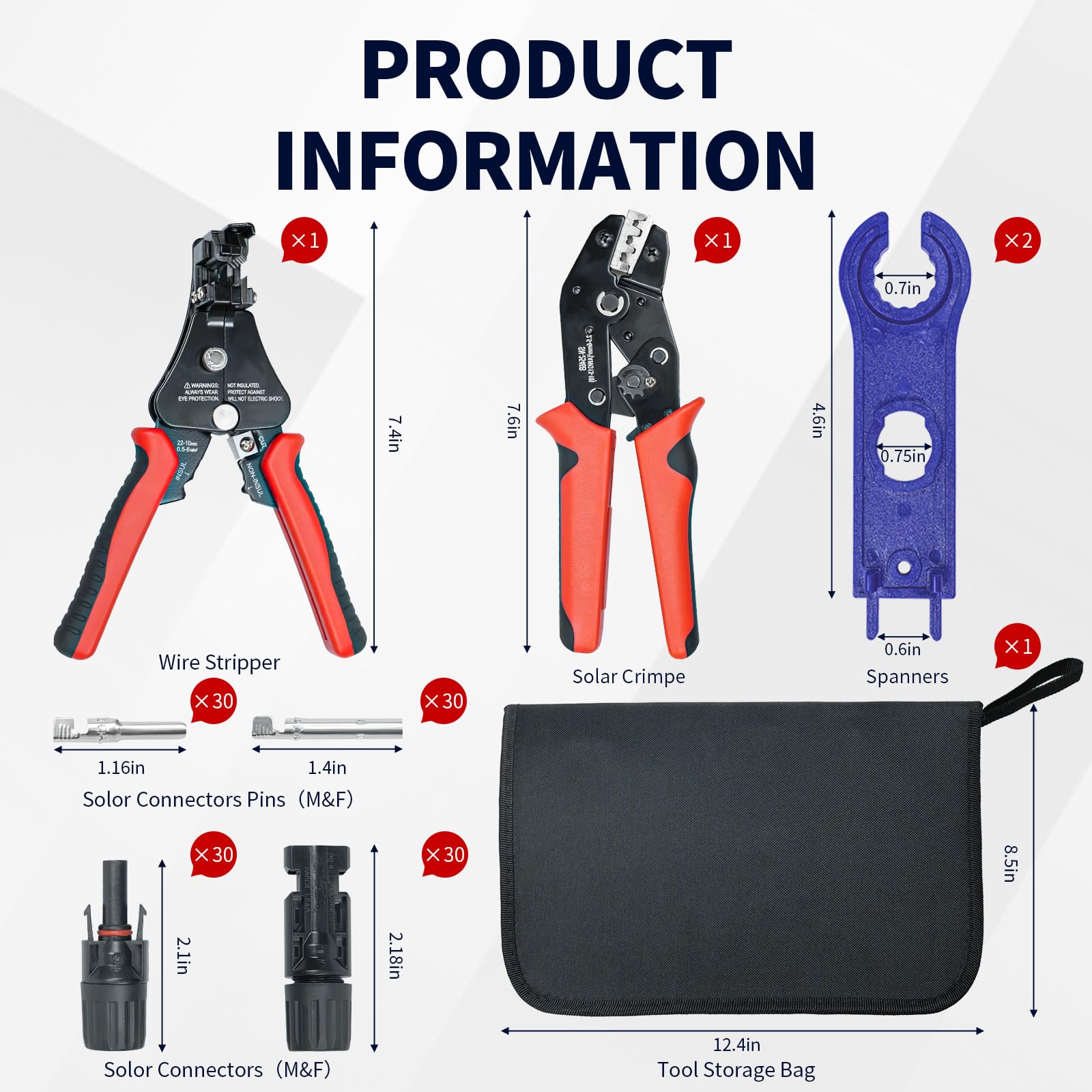 Kit de herramientas de crimpado de conectores solares de 60 piezas para conectar cables de panel solar, con 30 pares de conectores MC4, crimpadora y pelacables AWG13-10, 2 llaves inglesas, conectores