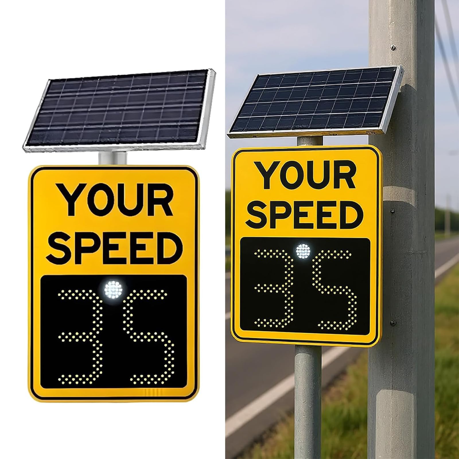 Panneaux De Limitation De Vitesse À LED Solaires Clignotants Améliorés, Film Réfléchissant 3m, Panneaux Radar en Aluminium Antirouille, Affichage Yellow 60X75cm