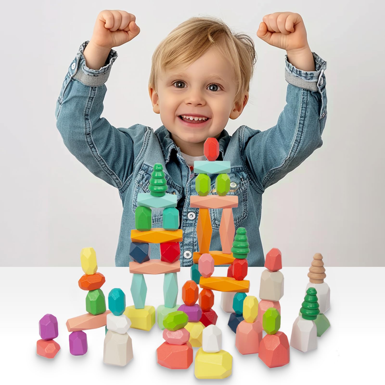 48 piezas de piedras apilables de madera para clasificar, juguetes sensoriales para niños pequeños, juguetes STEM Montessori, juego de bloques de construcción para niños de 3 a 6 años, 5