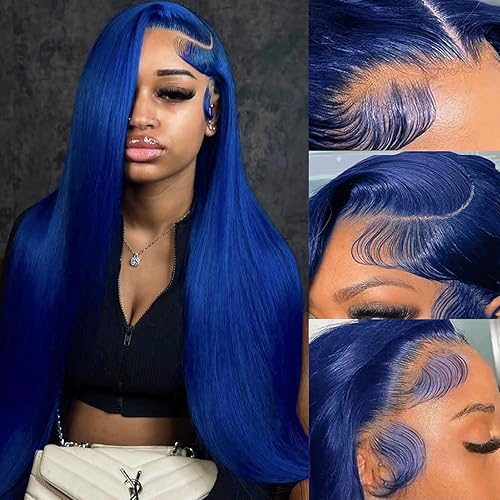 PANDA ANGEL 32 Inch Blue Lace Front Wigs Human Hair Pre Plucked Glueless Lace Frontal Wig 180% Density Straight 13x4 Hd Transparent Lace Front Wigs Royal Blue Colored Wigs Human Hair for Women - Blue Straight Frontal Wig - 32 Inch