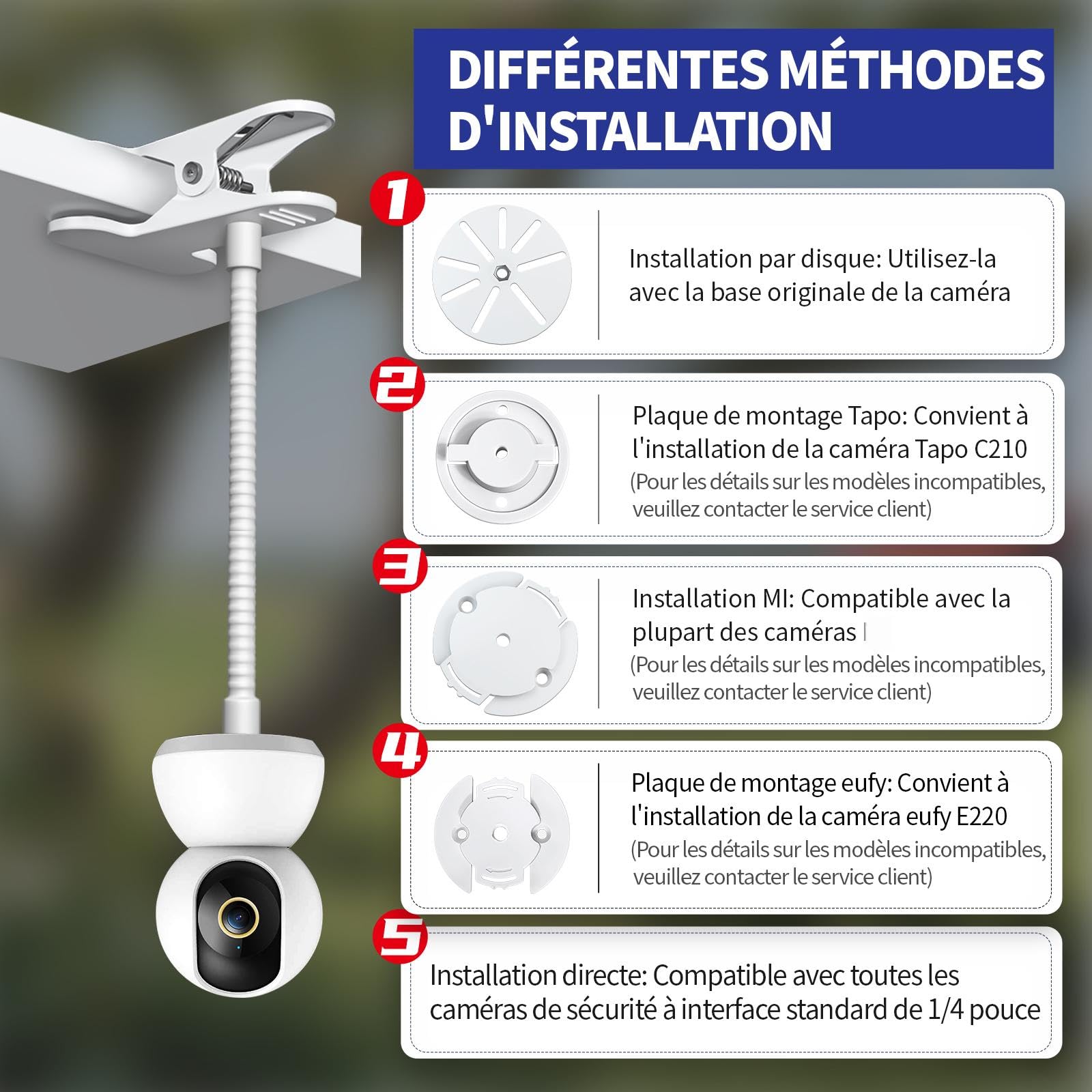Support Flexible pour caméra pour Ring, Blink, Eufy, Google Nest, Wyze, Arlo et Autres caméras d'intérieur et d'extérieur avec Trou fileté 1/4, sans Outils ni dommages au Mur, Blanc