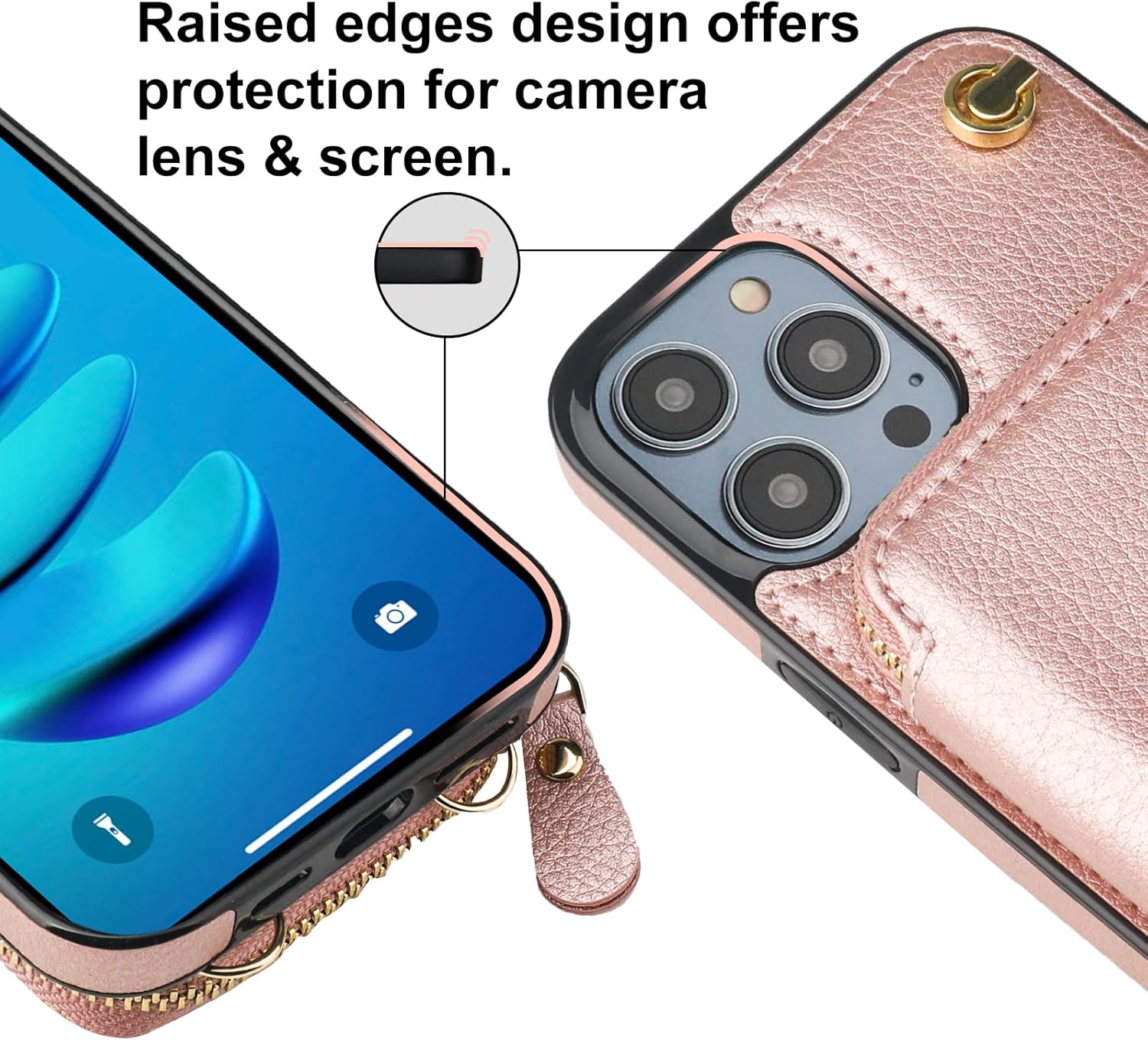 Bocasal Crossbody Wallet Case for iPhone 14 Pro Max, RFID Blocking Leather Purse Case with Card Holder, Protective Handbag Flip Cover with Zipper Wrist Strap Lanyard for Women 5G 6.7 Inch (Rose Gold)