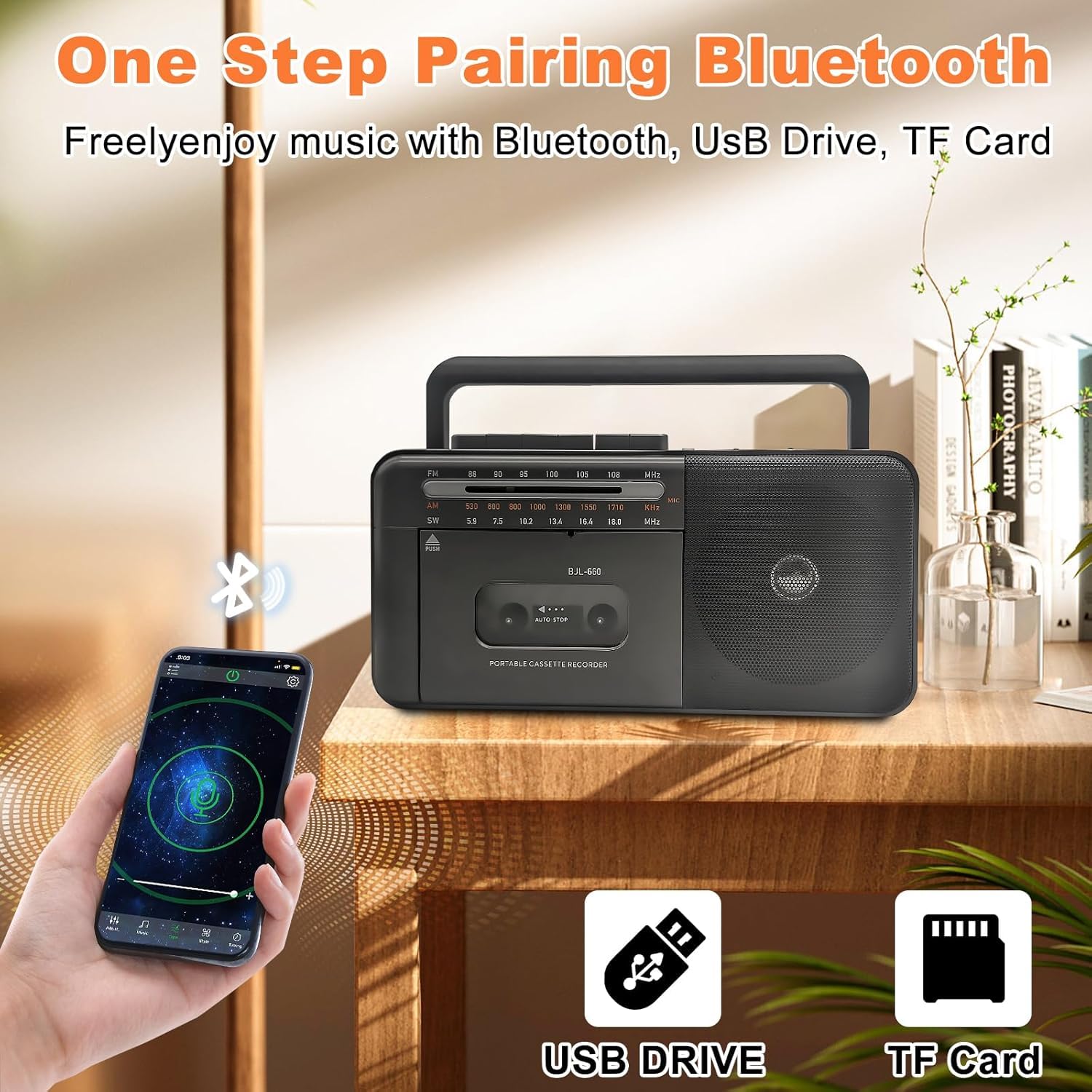 Boombox - Lettore di cassette Bluetooth registratore a nastro Am/FM/SW Radio Stereo Tape Player/Registratore con grande altoparlante e connettore per cuffie, USB/TF/MP3 Tape Player AC