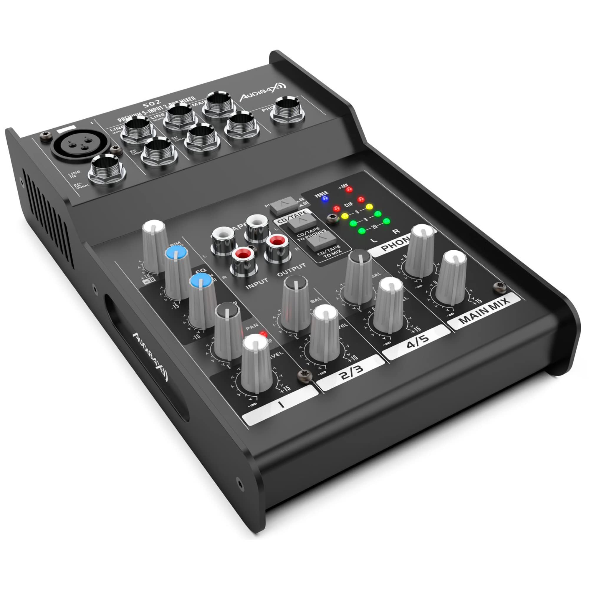 Audibax 502 - Console di Missaggio Audio - Mixer Audio a 5 Canali - Ingresso Microfono - 2 Ingressi Jack Stereo - Equalizzatore a 2 Bande - Alimentazione Phantom 48 V