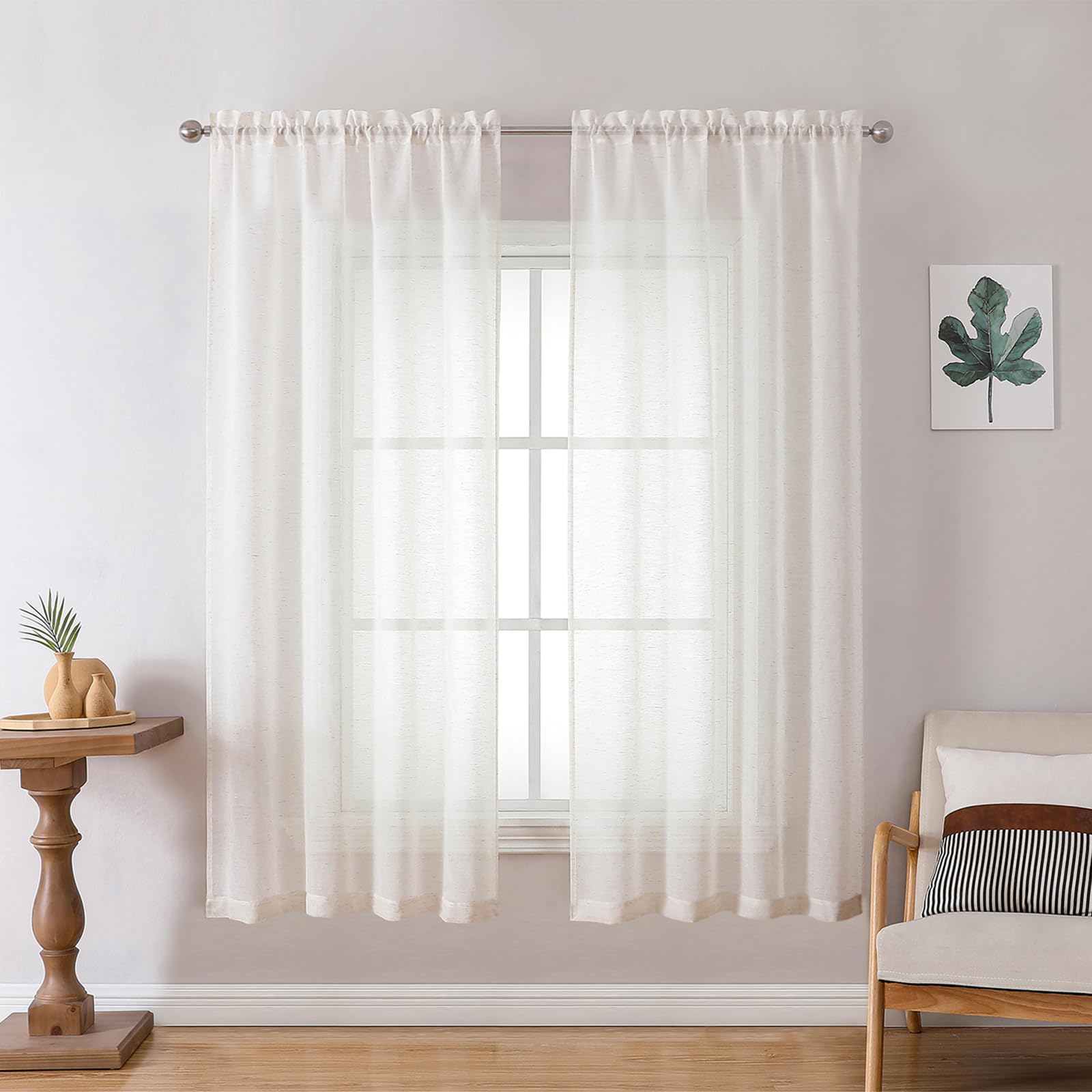 Natural Linen Blend Sheer Curtains 45 Inch Length 2 Panel Set for Kitchen Window, Light Filtering Small Cafe Curtains, 42 W x 45 L, 2Pcs, Natural