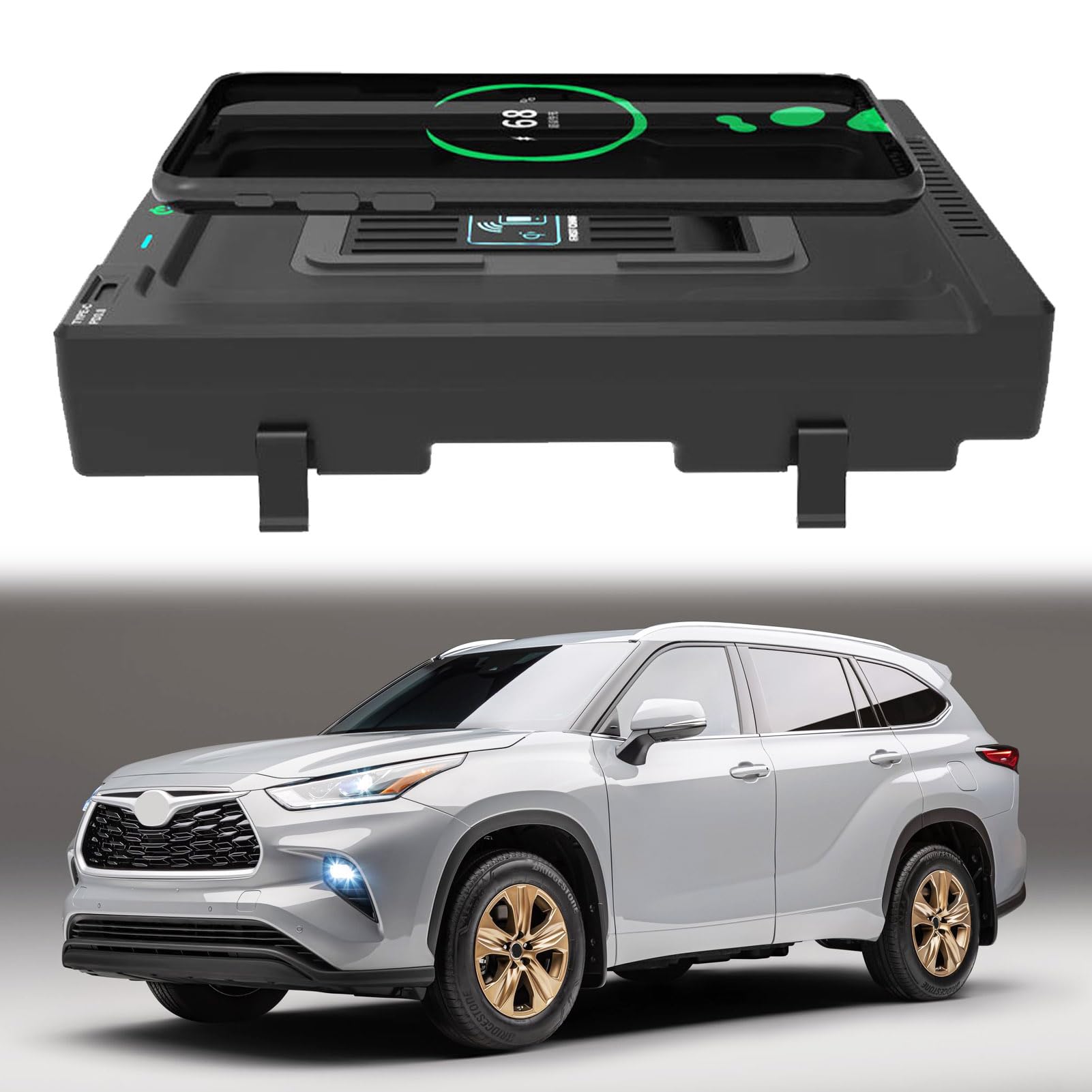 GQQSXZNTD Car Wireless Charger for Toyota Highlander (2022 2023 2024) Cigarette Lighter Accessories, 15W Wireless & 27W USB Fast Charging Tray for i-Phone Sam-Sung
