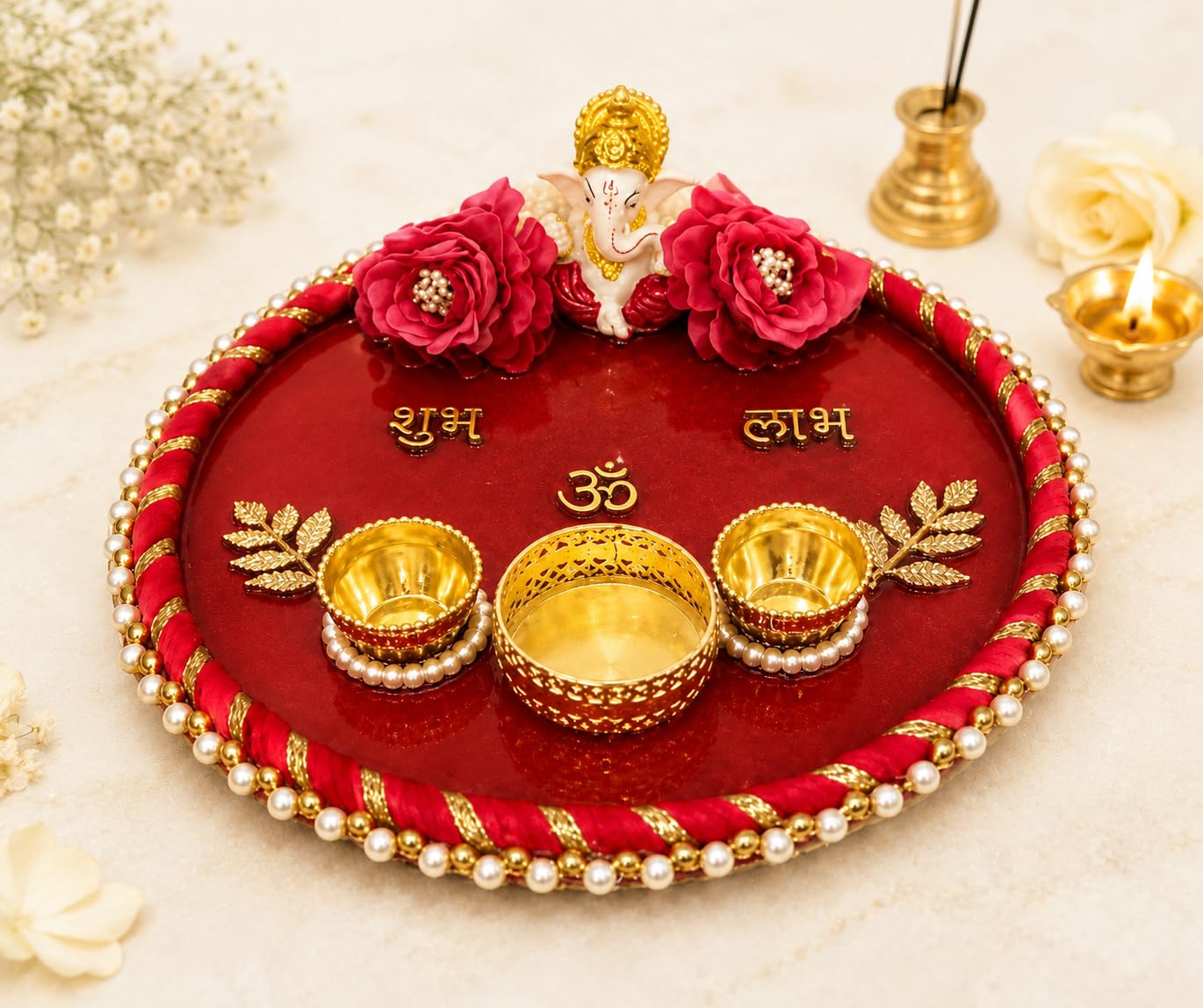 Handmade Resin Pooja Thali Set with 2 Decorative Bowls & 1 Diya Holder | 8 Inch Red Pearl Work Puja Thali with Ganesh Idol for Diwali, Karwa Chauth, Navratri, Home Temple & Aarti