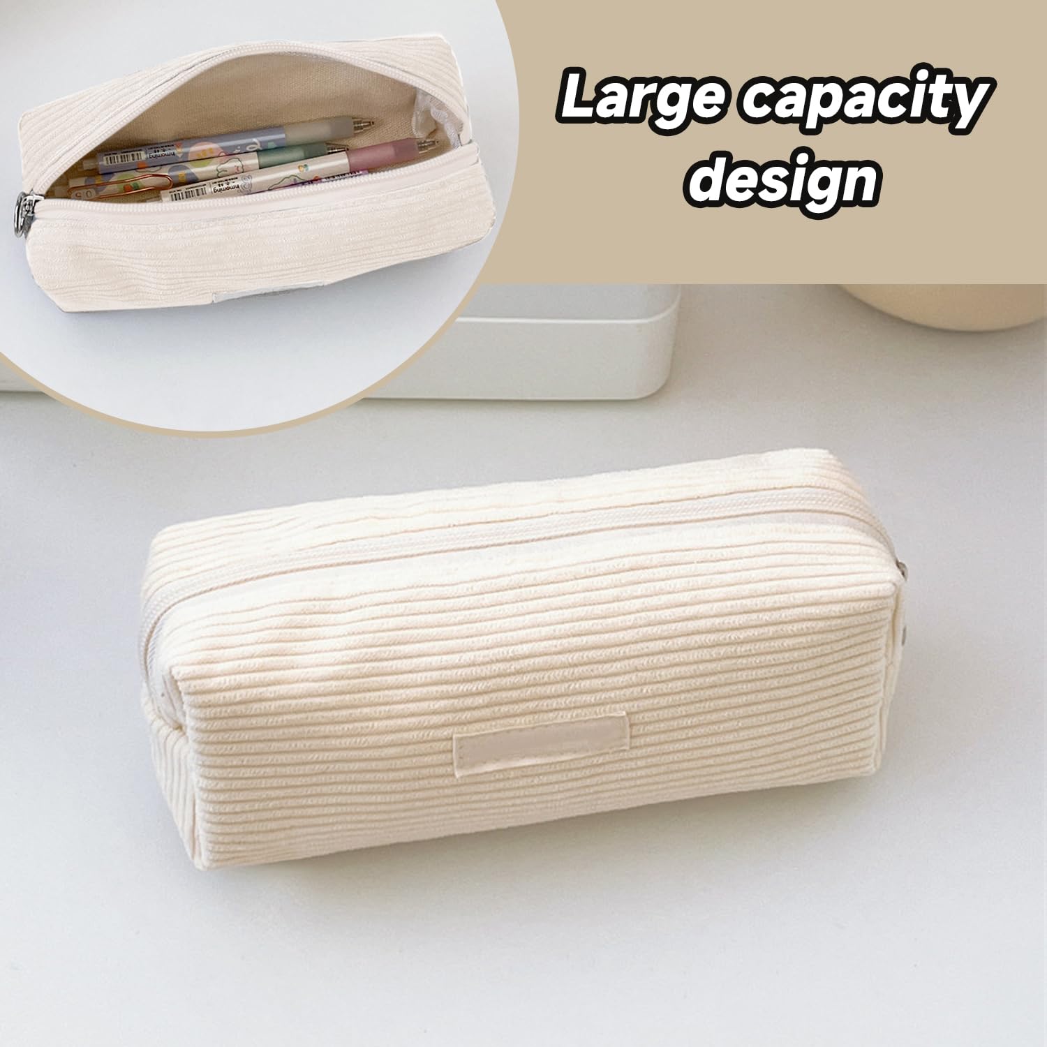 USHXVG Corduroy Pencil Case, Panda Pendant, Solid Color, Large Stationery Bag, Zipper Case, Milky White - Image 4