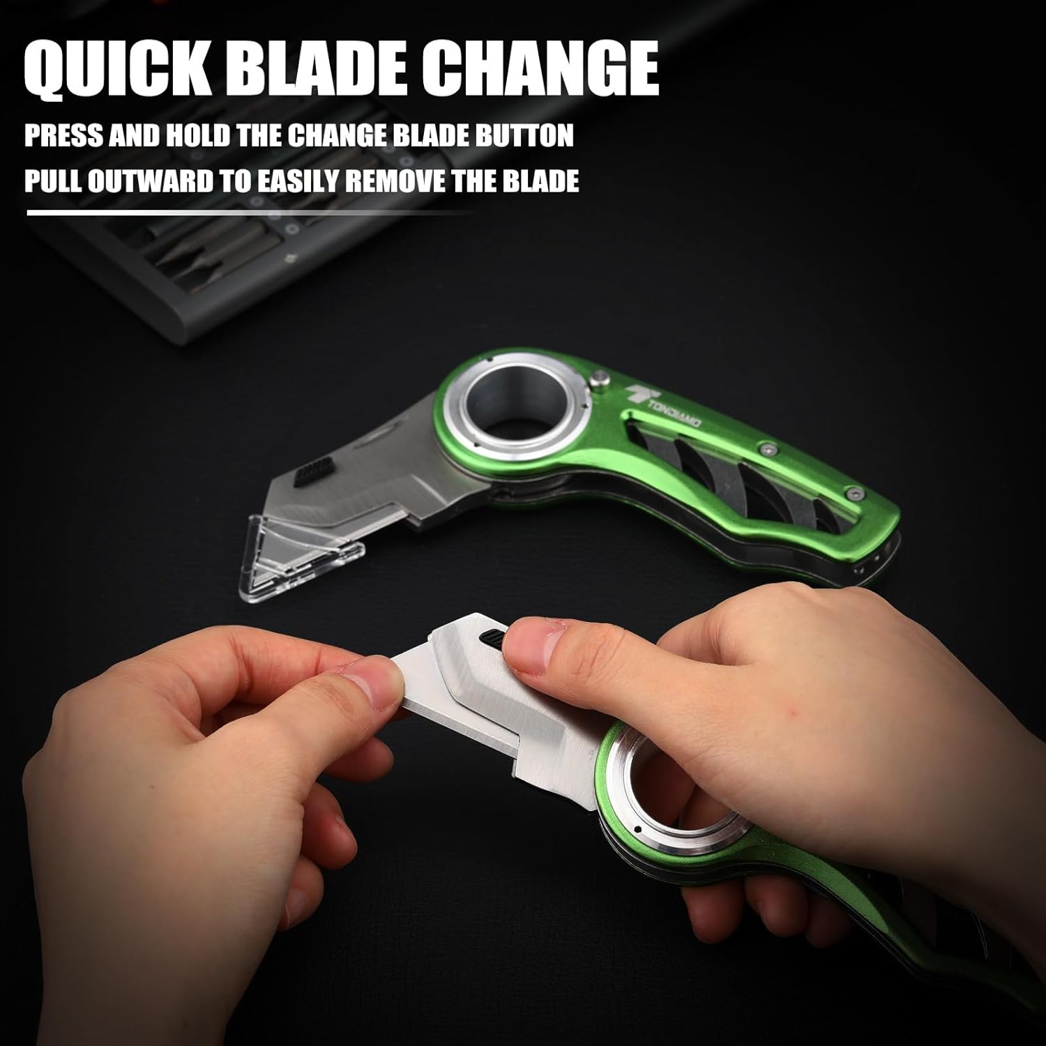 Tondiamo 2 Pcs Folding Pocket Utility Knife Heavy Duty Box Cutter Folding Razor Knife with Anti Slip Finger Loop Easy Change Blades 3 Lock Positions Design (Green)