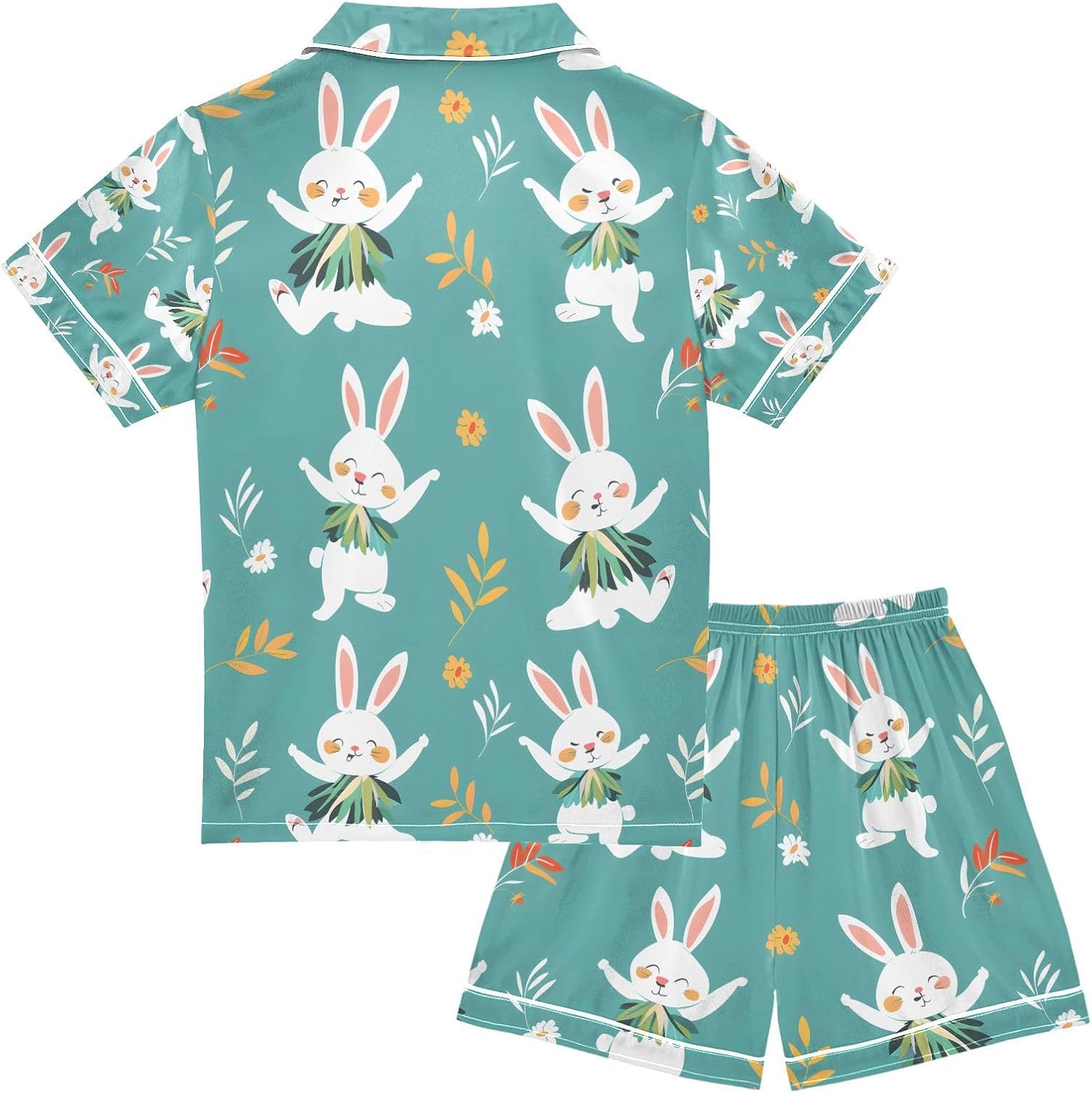 senya Rabbit Dancing Grass Satin Summer Pajama Sets Silk Short Sleeve Button Down Sleepwear