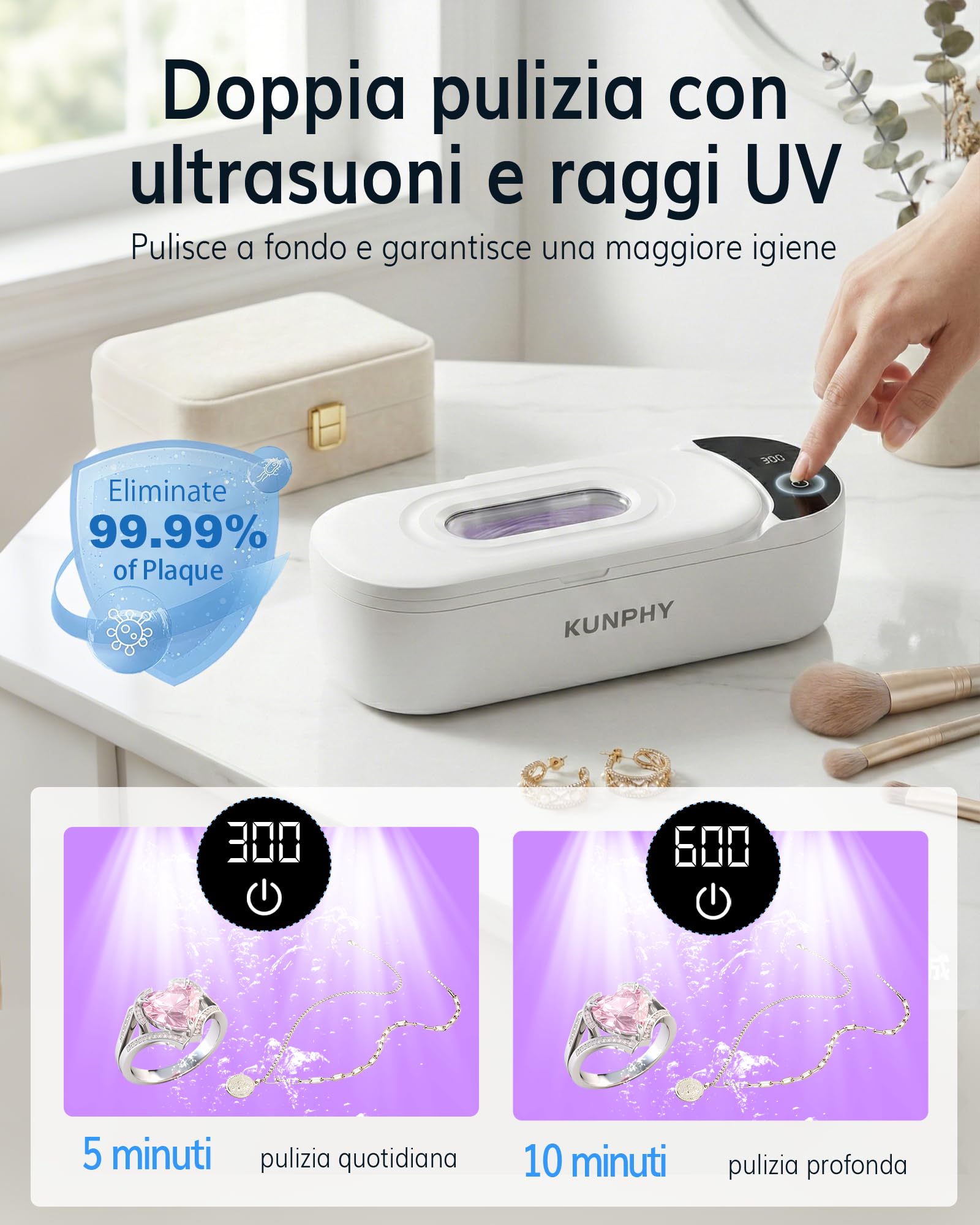 Pulitore ad ultrasuoni, 48 kHz, pulitore ultrasonico, adatto per gioielli, parentesi graffe e rasoi