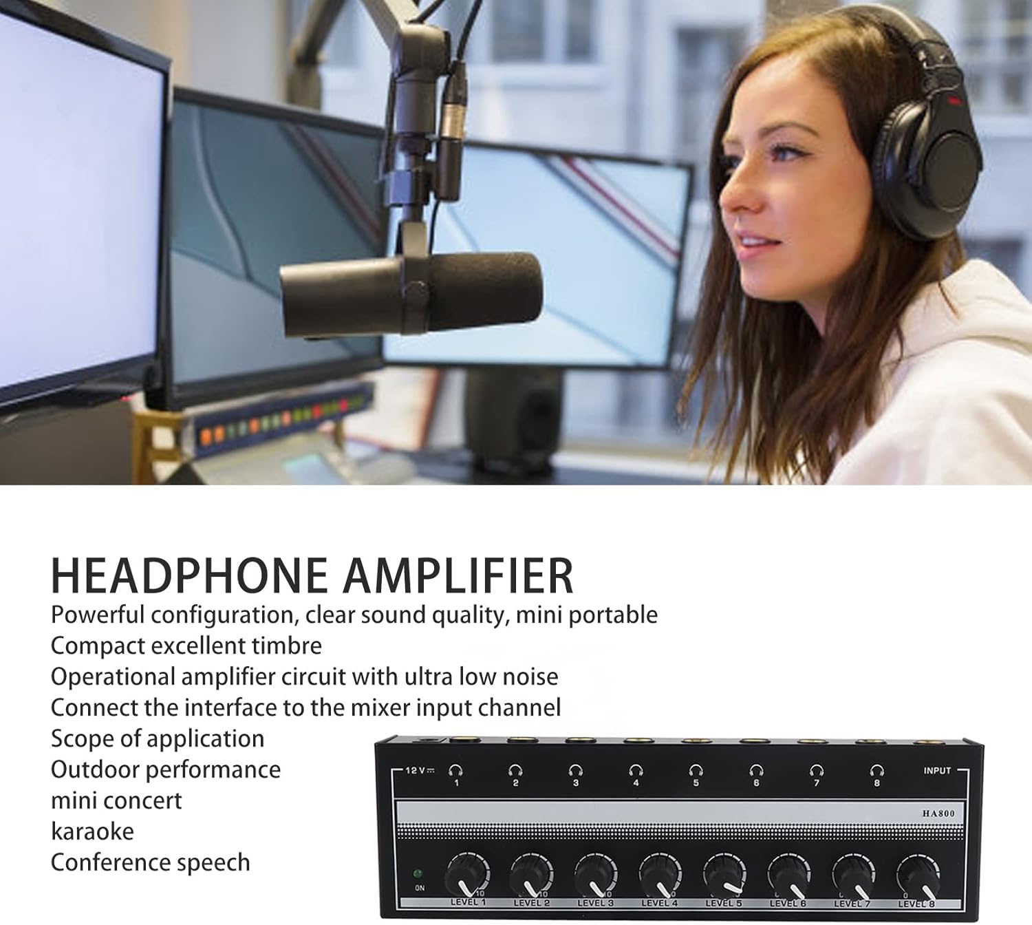 8-Channel Headphone Amplifier, Portable Metal Stereo Audio Amplifier with 12V Power Adapter, Home Audio Amplifier System for Studio and Stage