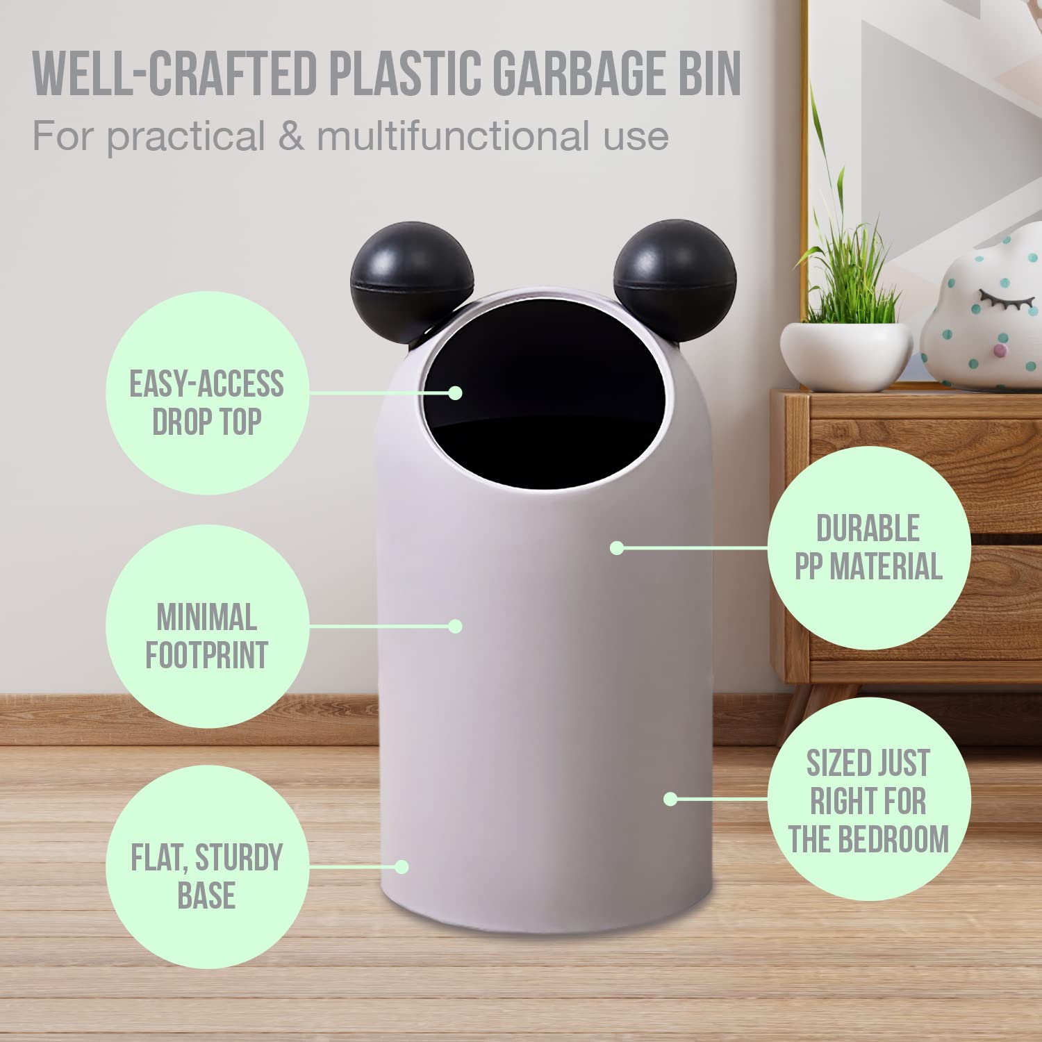 Cute Bunny Ears Kids Boys Girls Bedroom 3.7 Gallon Waste Basket Garbage Can I Nursery Study Living Room Bathroom Designer Trash Can for Home with Mouse Ears - 14L