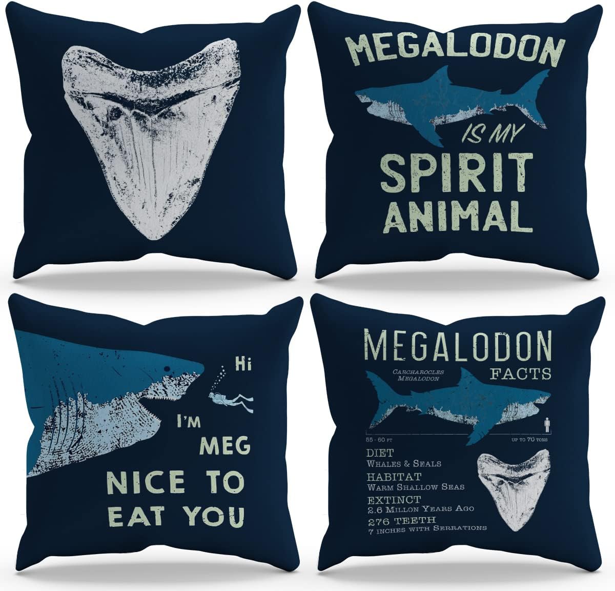 BXFAHZJ Megalodon is My Spirit Animal Funny Megalodon Facts Throw Pillow Cover Pillowcase 18x18 Inch Set of 4,Shark Themed Decorations for Home Kids Boys Room,Gifts for Shark Lovers Teens Kids