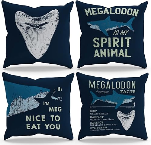 BXFAHZJ Megalodon is My Spirit Animal Funny Megalodon Facts - Juego de 4 fundas de almohada de 18 x 18 pulgadas, decoraciones temáticas de tiburón
