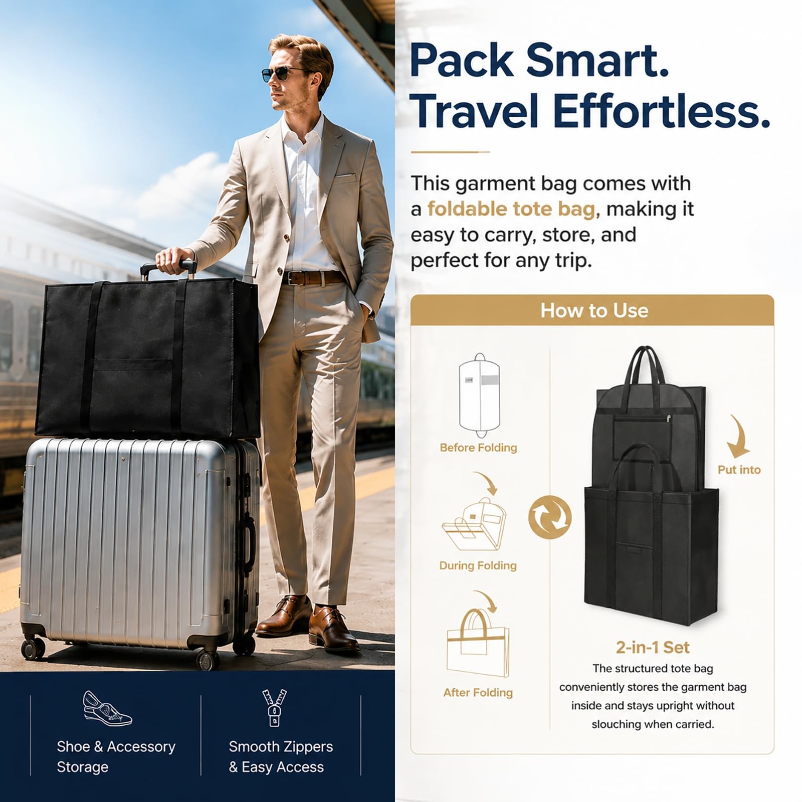 CYD Borsa porta abiti da viaggio per uomo, borsa pieghevole, nero, 109,2 cm porta abiti, confezione da 2