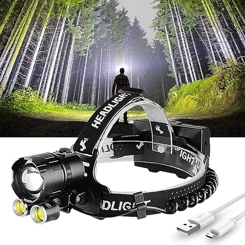 XLENTGEN Faros delanteros LED de 15000 lúmenes, recargables de alto lúmenes, XHP160 con luces COB, lámpara de cabeza impermeable con zoom para
