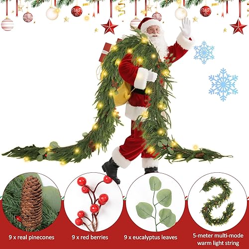 Miniatura 2 de Guirnalda de Navidad de 9 pies con 7 modos de luz LED, 9 piñas verdaderas, conos rojos y hojas de eucalipto, guirnaldas de pino Norfolk para
