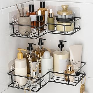 Corner Shower Caddy, 2 Pcs Hanging Shower Shelf No Drill, Stainless Steel Showe r Storage with 8 Hooks, Self Adhesive Bathroom Shelf, Black