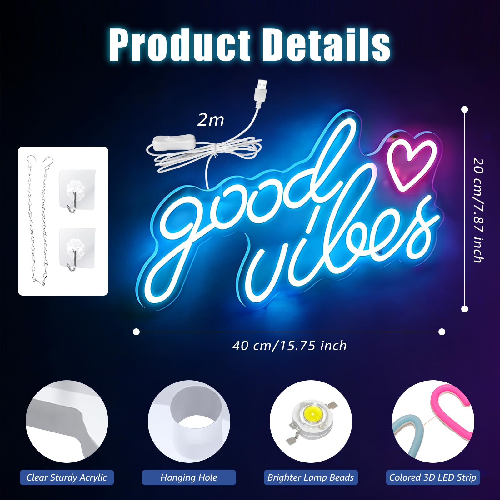 Blue Good Vibes Néon LED, Néon Mural Lettre USB, Lampe Neon Enseigne Lumineuse Good Vibes Words LED pour Chambre à Coucher, Chambre D'Enfant, DéCoration Murale, Bar, Mariage, FêTe, One Piece 40*22cm