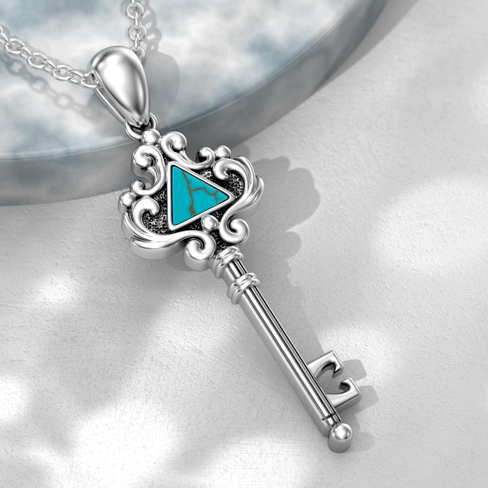 Schlüssel-Halskette 925er-Sterlingsilber Dreieck echter Türkis-Edelstein Schlüsselanhänger Western-Bohemian-Schmuck Geschenke für Frauen