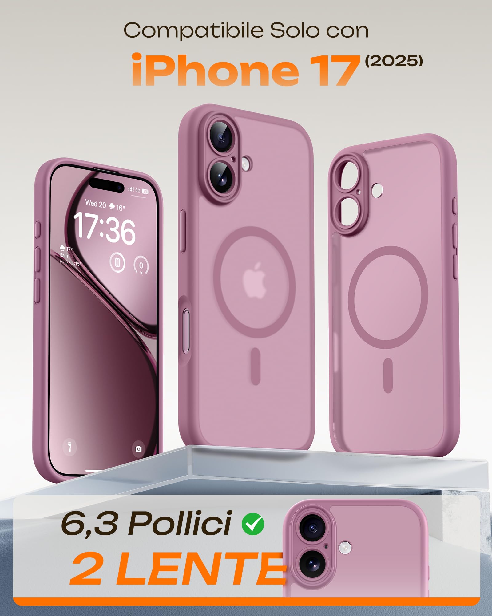 TOCOL Cover Magnetica per iPhone 17 6,3 Pollic, Compatibile con MagSafe, Anello Magnetico Incorporato, Protezione Fotocamera Integrata, Custodia Antiurto Traslucida Opaca, Lilla Viola