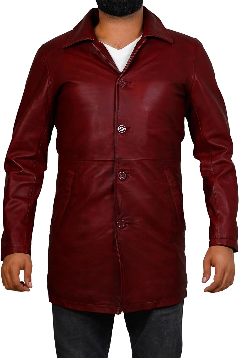 Mens Winchester Distressed Brown Leather Jacket - Classic Vintage Hunter Style Mid 3/4 Length Trench Car Coat