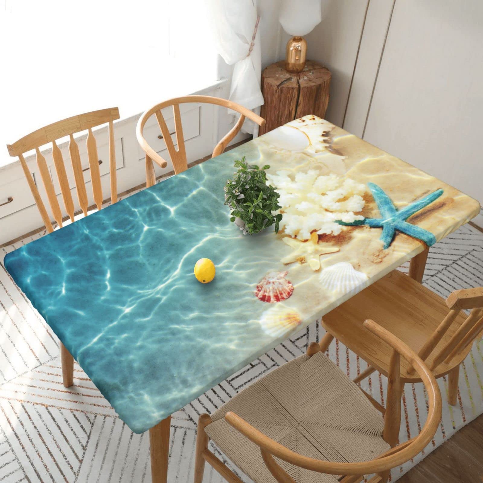 Sea Shells Rectangle Tablecloth Reusable Elastic Edge Table Cover Waterproof for Patio Dining Decoration 60" L X 30" W