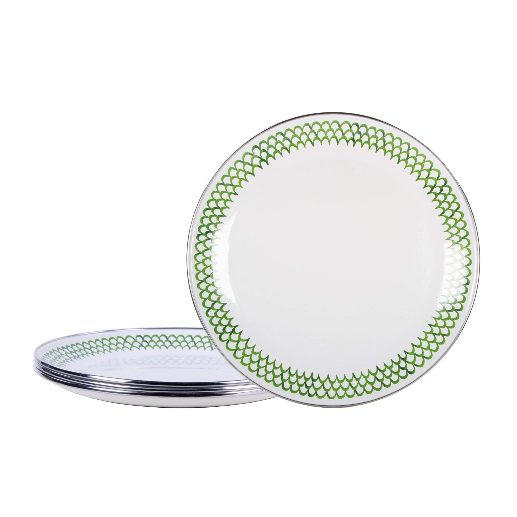 Golden Rabbit Enamelware Dinner Plates, 10.5 inch, Green Scallop, Set of 4