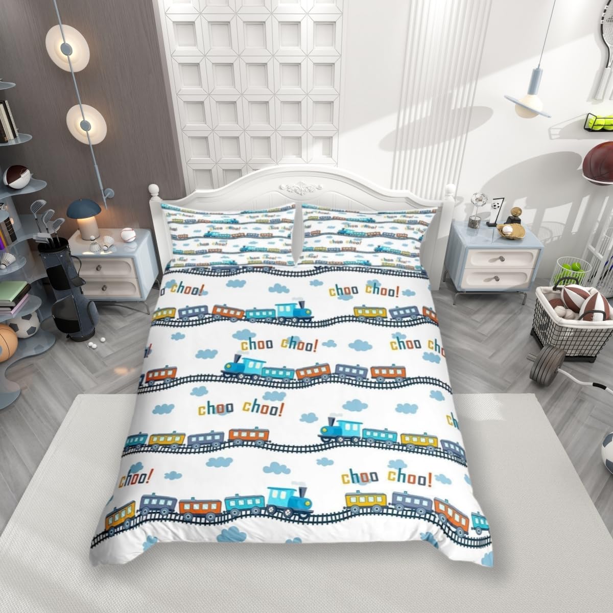 Colorful Train Bedding Set Double Cartoon Car Duvet Cover Set 2Pcs Blue Train Tracks Cloud Comforter Cover for Kids Boys Girls Teens Room Decor Transportation Vehicles Quilt Cover,2 Pillowcases