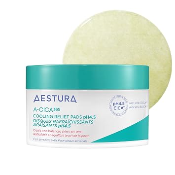AESTURA A-CICA365 Cooling Relief Toner Pads pH4.5 with Centella Asiatica + Hyaluronic Acid for Redness + Skin Barrier Support | Soothes & Calms | Suitable for Sensitive + Rosacea-Prone Skin, 60 Pads