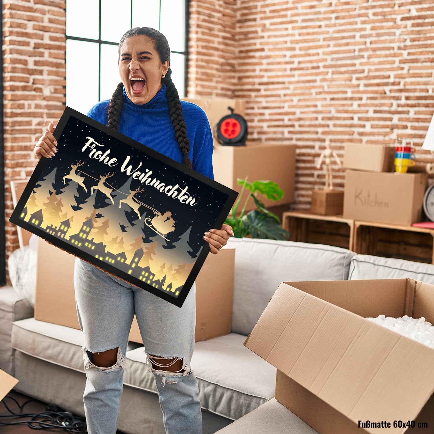 speecheese Frohe Weihnachten Skyline Fußmatte XXL in 50x75 cm Fußabtreter für Weihnachtszeit Advent schöne Weihnachtsdekoration Deko für Hauseingang Winter Vorfreude auf Weihnachten
