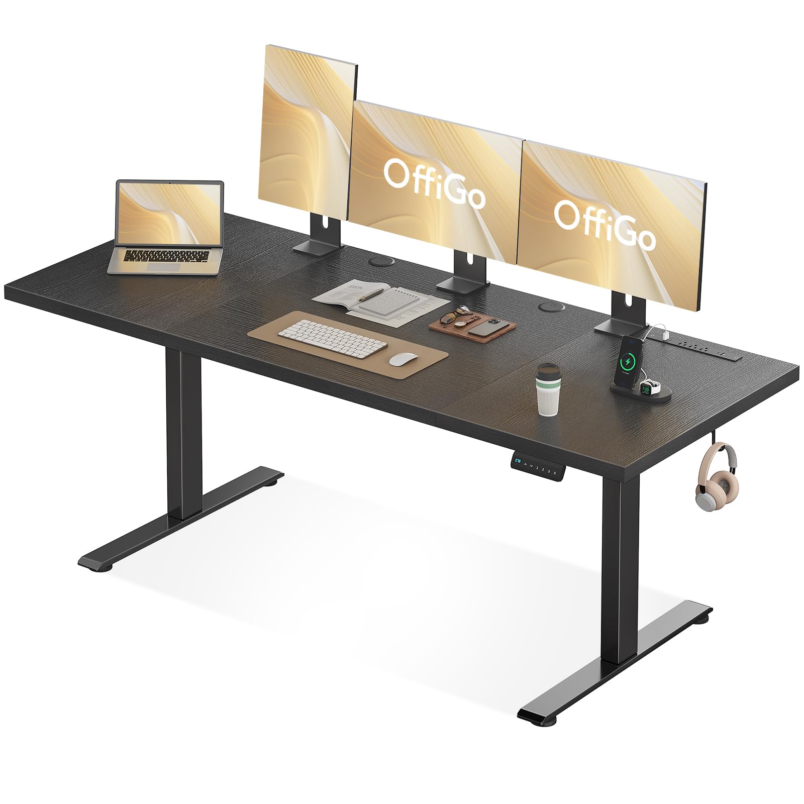 OffiGo Electric Standing Desk with 3-Piece Board, 79 Inch Height Adjustable Large Desk with Power Outlets, Sit Stand Table, Writing Computer Desk for Home, Office, Workstation, Black