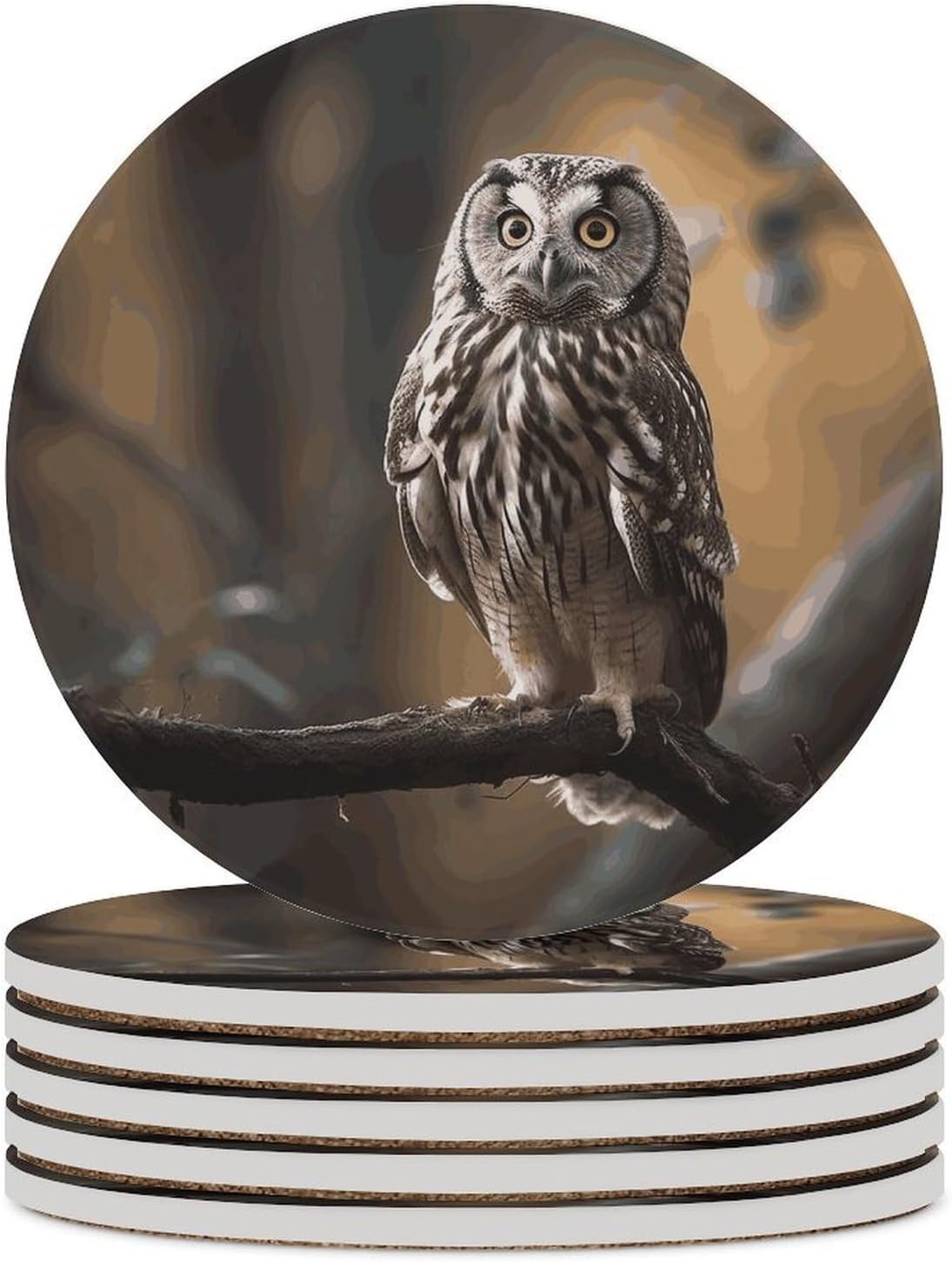 Owl Standing on The Tree Coasters Round Coasters Set Ceramic Stone Coaster with Cork Base Coffee Cup Beverage Cup Mat Cute Funny Table Drinks Coaster for Mugs and Cups Office Kitchen