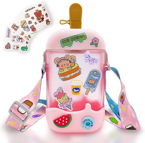 Botella de agua Kawaii con pajilla, botella de agua de paleta Kawaii con correa ajustable para el hombro y calcomanías, taza de paleta para niñas y