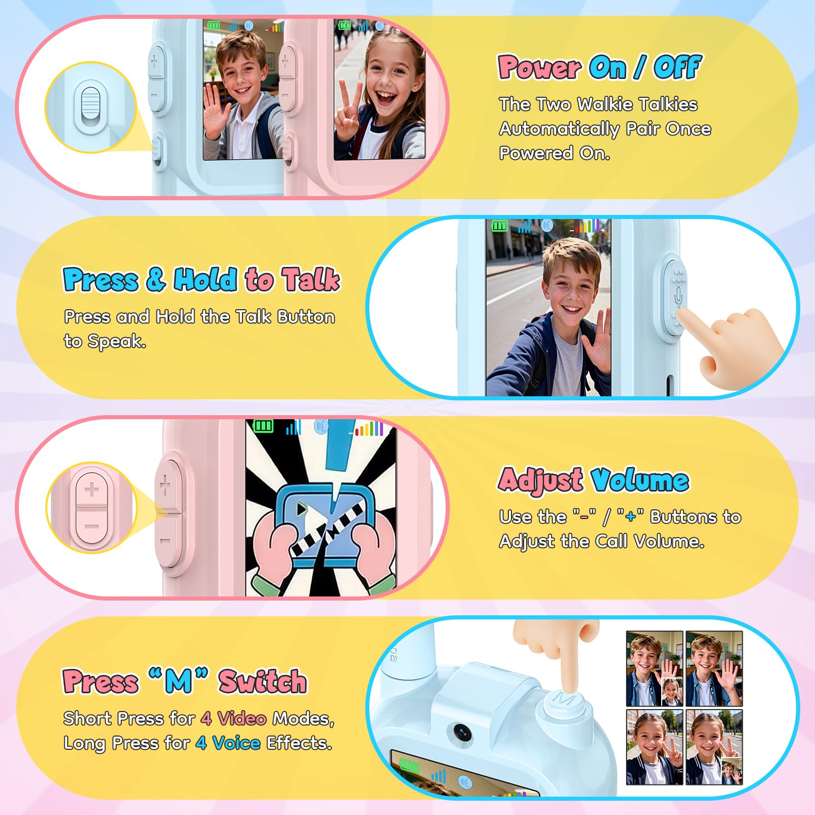 Video Talkie Walkie Enfants, 2 Pack Talkie Walkies Rechargeable avec Voix Changée & Caméra HD, Talkie- Walki e Longue Portée, Jouet Cadeaux pour Garçons/Filles de 3 à 12 Ans