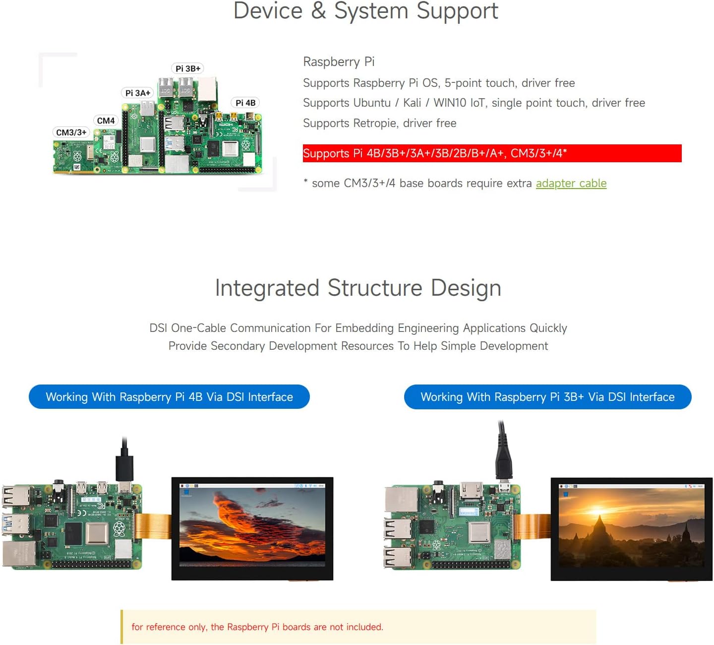 waveshare 4.3inch DSI Display, 800 × 480 Resolution, IPS Panel, Compatible with Raspberry Pi 4B/3B+/3A+/3B/2B/B+/A+/CM3/3+/4-IPS Wide-Bezel Touch Display