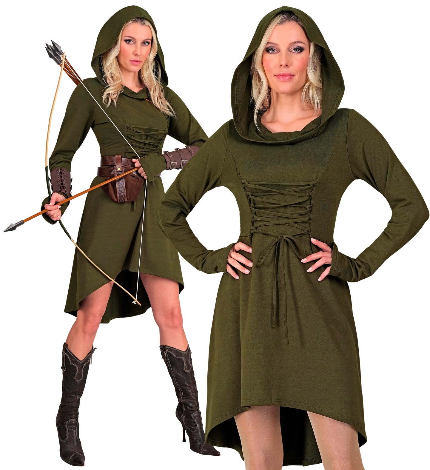 MIMIKRY Costume médiévale pour femme Robin des Bois - Robe médiévale à capuche - Vert - Archer viking guerrière - Cosplay Renaissance