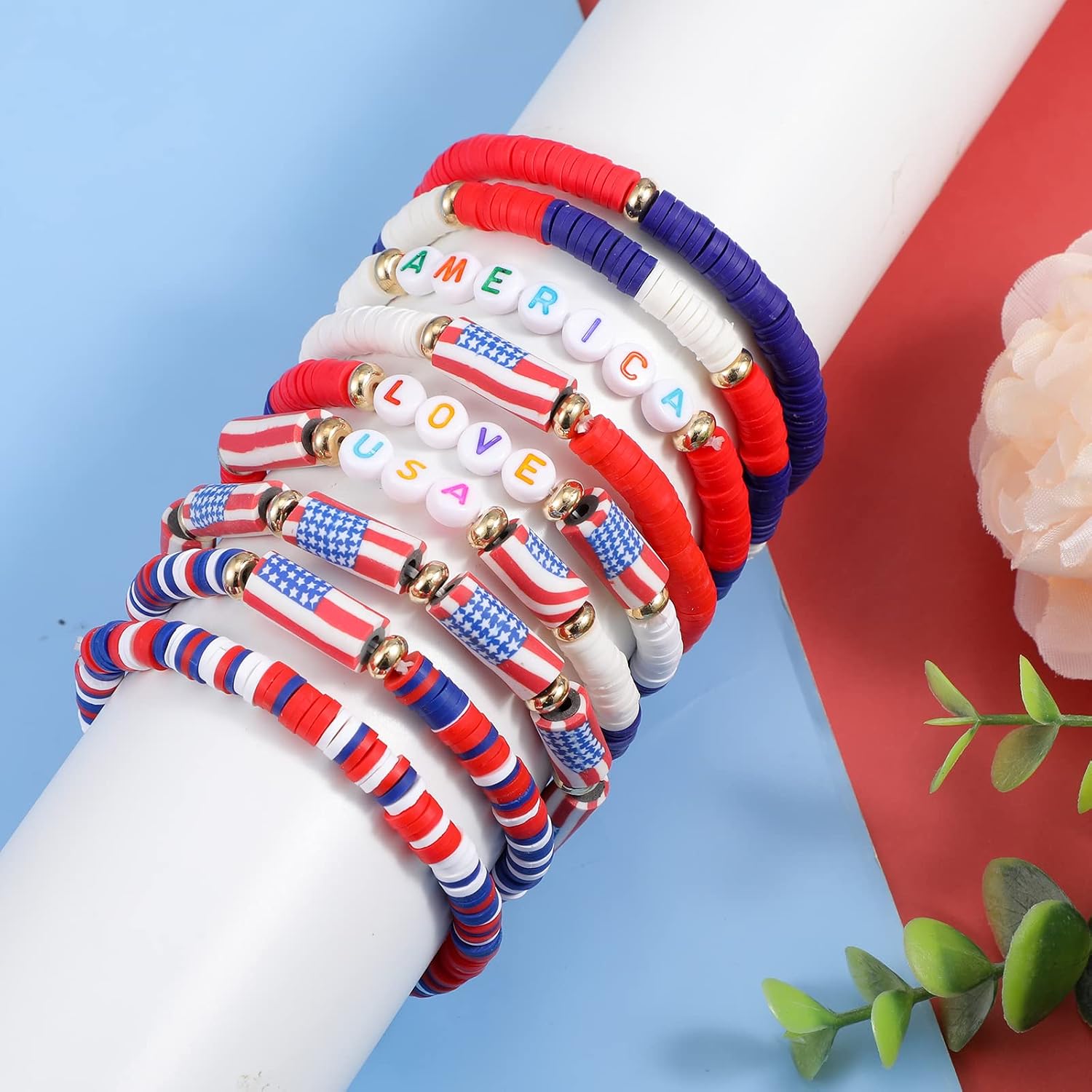 Kigeli 16 Pcs 250th Anniversary America Bracelets Red Blue White Bracelet Surfer Heishi Patriotic Wristbands Bulk Clay Beaded Stretch Wristband 4th of July Independence Day Gift for Men Woman Jewelry image 3