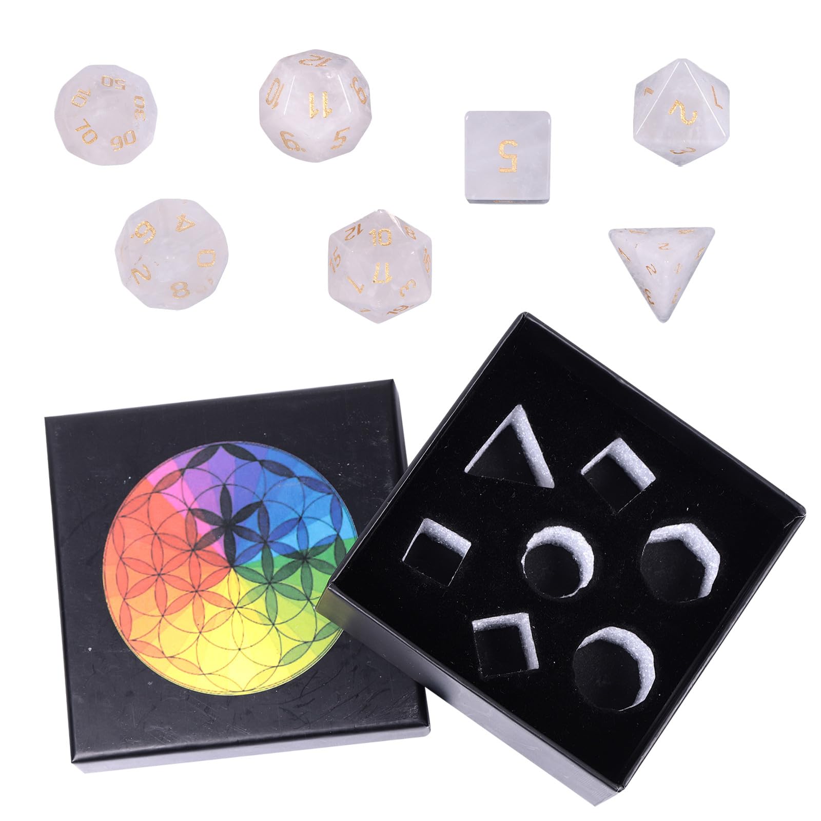Nupuyai 7pcs Rock Crystal Polyhedral DND Dice Set for RPG MTG Table Games Polished Tumbled Stones Dices with Box for Home Decor - Image 3