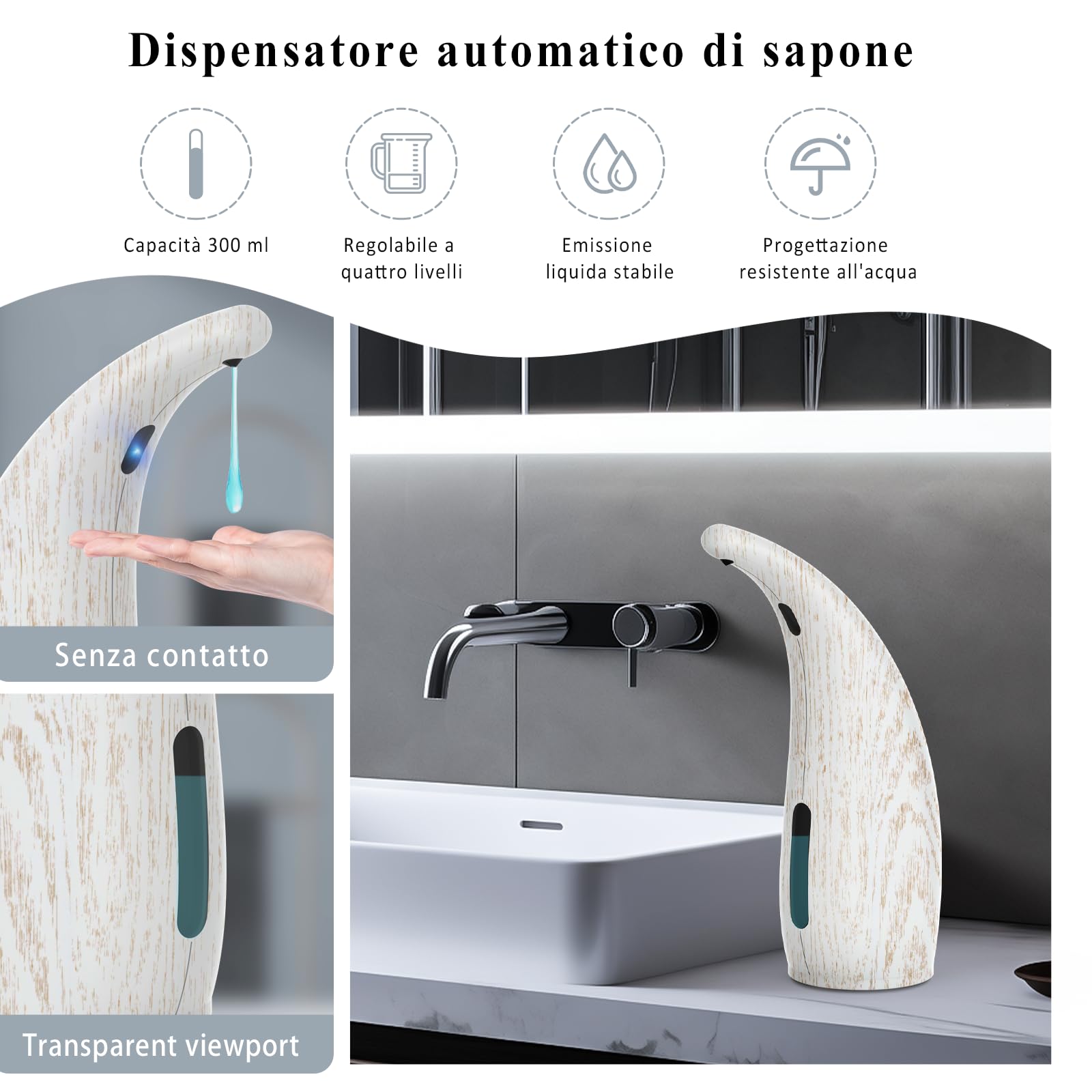 Dispensatore Automatico Sapone Senza Contatto 300ml Sensore 4 Livelli,Impermeabile IP65,alimentato a batteria,Design Cucina/Bagno, Compatibile con Liquido (400ml Grana di legno bianca)