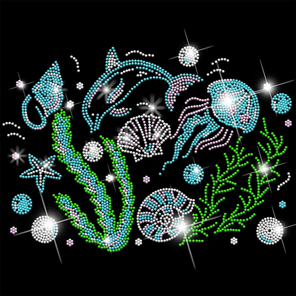 SUPERDANT Glass Rhinestone Iron on Transfer 32x23.8cm, Ocean Theme Rhinestone Patch, Dolphin Jellyfish Shell Heat Transfer Crystal Sheets for Jackets T-Shirt Hoodie Colorful
