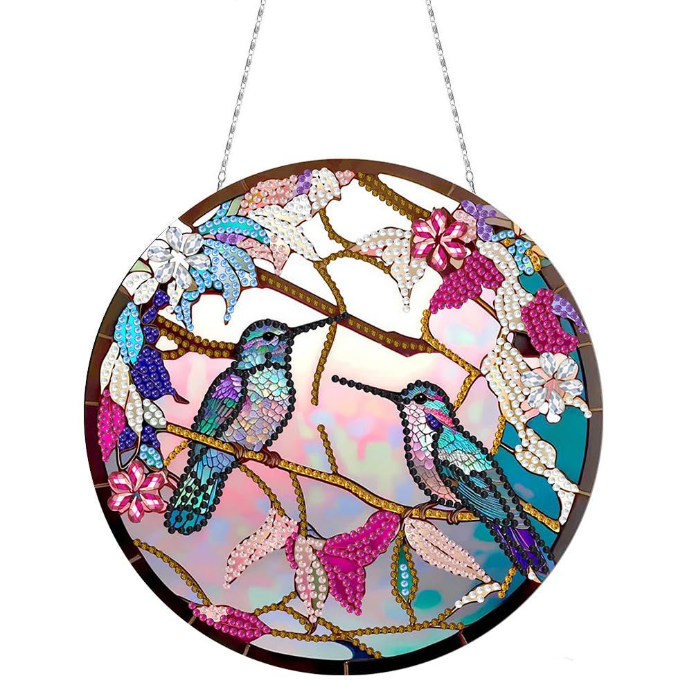 DIY Diamond Painting hanger met ketting, 5D diamond painting ornamenten set, diamond painting muurbehang kits voor raam muur, entree decoratie 01-zes elsters